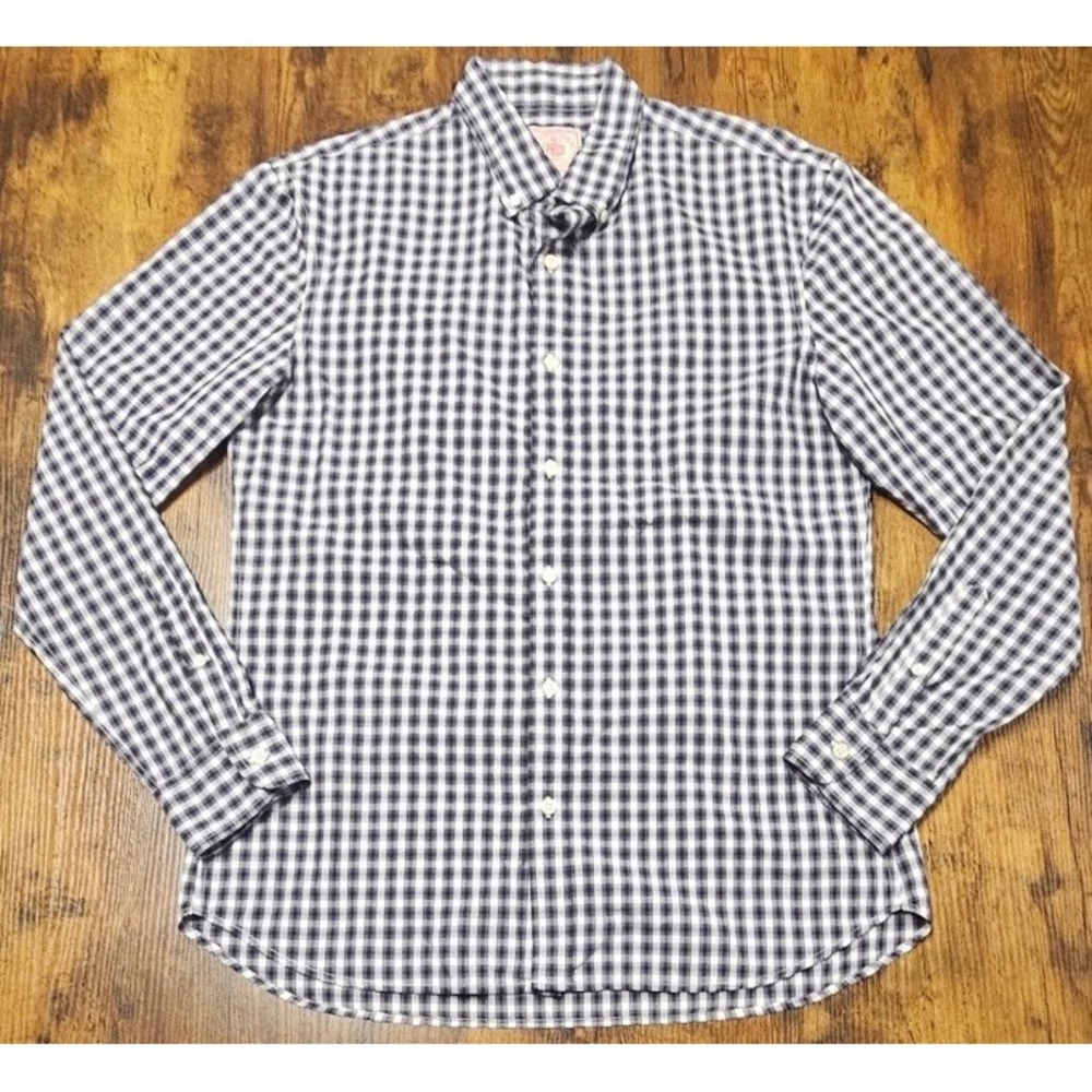 J Press Men's Size Large Long Sleeve Blue White Cotton Plaid Polo Shirt